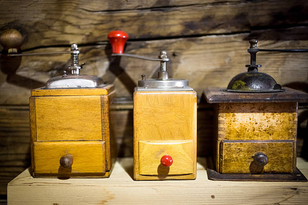 istock Three wooden antique coffee mills 618647406