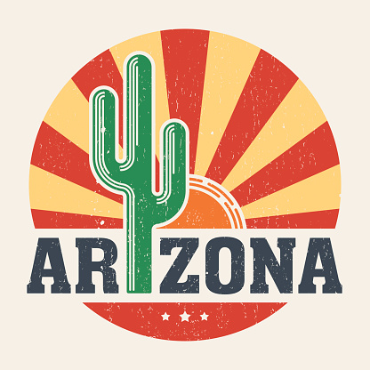 Arizona t-shirt design, print, typography, label with styled saguaro cactus and sun. Vector illustration.