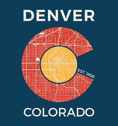 Colorado t-shirt graphic design with denver city map. Tee shirt print, typography, label, badge, emblem. Vector illustration.