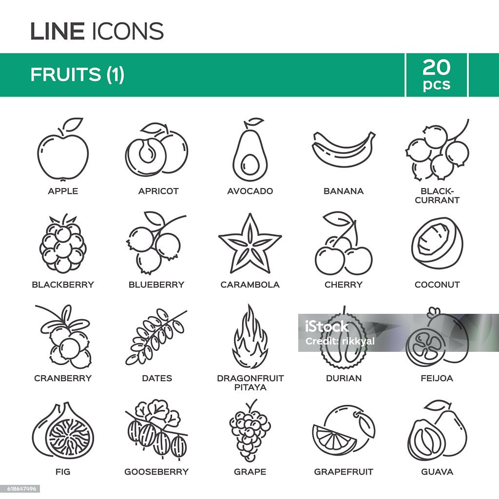 Conjunto de iconos de línea delgada de fruta en orden alfabético. - arte vectorial de Ícono libre de derechos