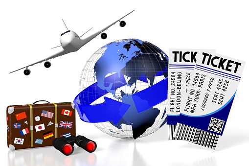 3D travel concept - suitcase, plane, Earth (North, Central, South America side), plane tickets, binoculars.