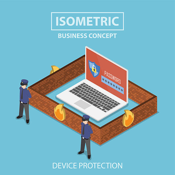 izometryczny laptop chroniony przez system bezpieczeństwa - zapora sieciowa stock illustrations