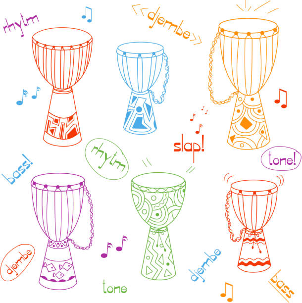 vektor handgezeichnete afrikanische trommeln djembe set - drumhead stock-grafiken, -clipart, -cartoons und -symbole