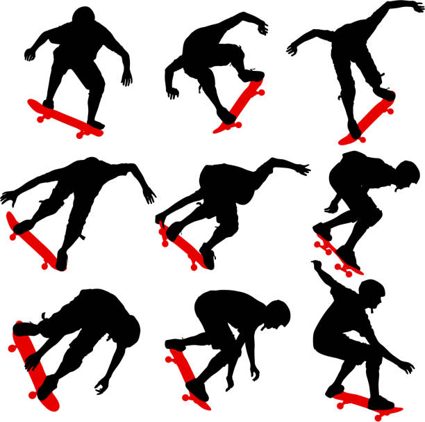 ilustraciones, imágenes clip art, dibujos animados e iconos de stock de establecer ilhouettes un skater realiza saltos. ilustración vectorial - silhouette swimming action adult