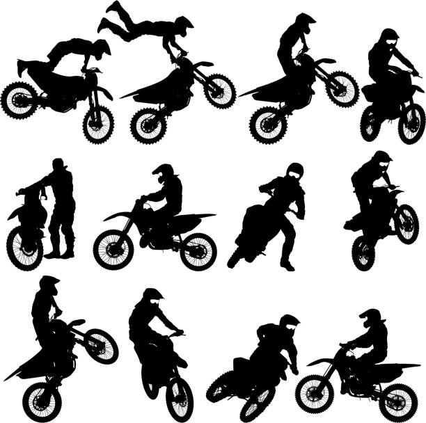 illustrations, cliparts, dessins animés et icônes de ensemble de silhouettes de motocross de motards, illustration vectorielle - scrambling