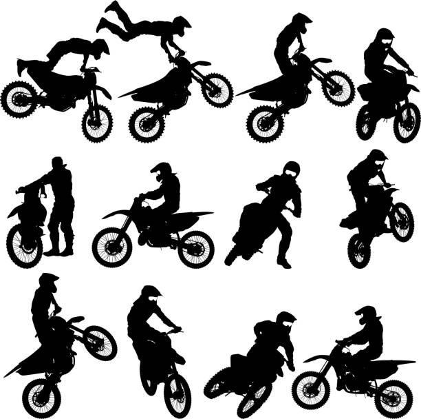 illustrazioni stock, clip art, cartoni animati e icone di tendenza di set di sagome da motocross biker, illustrazione vettoriale - motocross