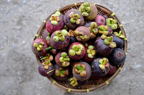 Mangosteen, the queen of fruits, Delicious mangosteen fruit arranged on a basket