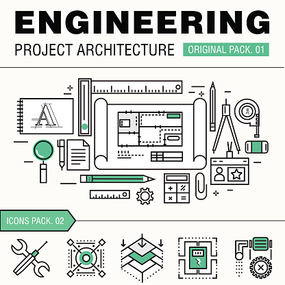 Modern engineering construction big pack. Thin line icons architecture. Professional projects drawing future production industry elements. High quality vector symbol. Stroke pictogram for web design.