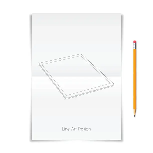Vector illustration of Tablet Pc outline template drawn on folded sheet.