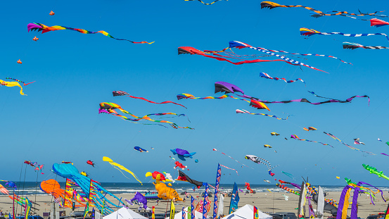 Colorful kites against a blue sky