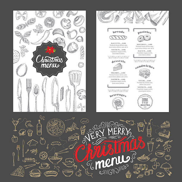 bildbanksillustrationer, clip art samt tecknat material och ikoner med christmas food menu. happy new year party invitation restaurant. - julfika