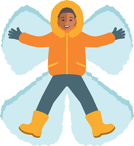 African boy in winter clothes making a snow angel African boy in winter clothes making a snow angel. Top view. Kids winter activities. Child playing outdoor game on Christmas holidays. Lying cartoon character. Isolated on white snow angels stock illustrations