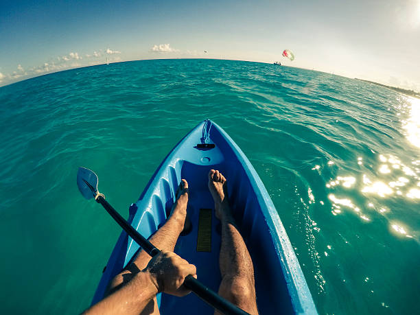 POV Man kayaking in the ocean at midday POV Man kayaking in the ocean at midday.  fish eye fish eye lens photos stock pictures, royalty-free photos & images