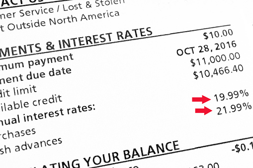 Credit card statement balance showing annual interest rates- balancing your statement. Financial planning