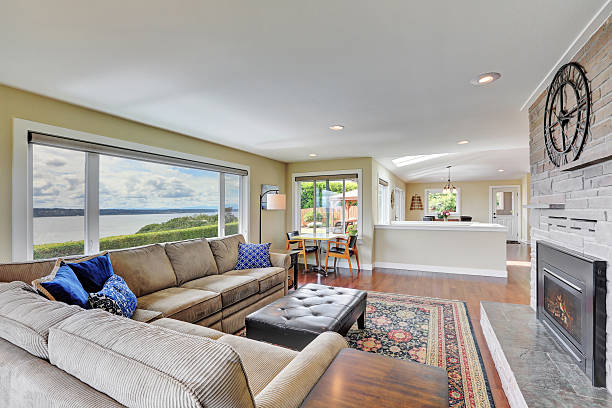 istock Cozy family room with stone brick wall 618727050