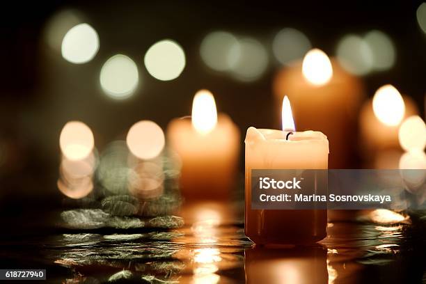 Candle With Reflection Stock Photo - Download Image Now - Candle, Burning, Zen-like