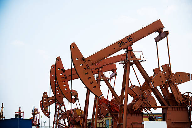 istock Oil pumps and rig in a field 618730902
