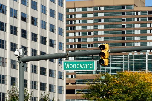 Woodward Avenue in the heart of downtown Detroit, Michigan.