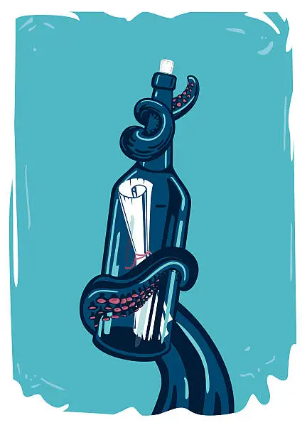 Vector illustration of Message in bottle. Octopus tentacles hold a letter.