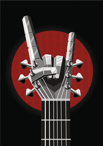 Heavy metal illustration with guitar and hand. Rock and roll sign