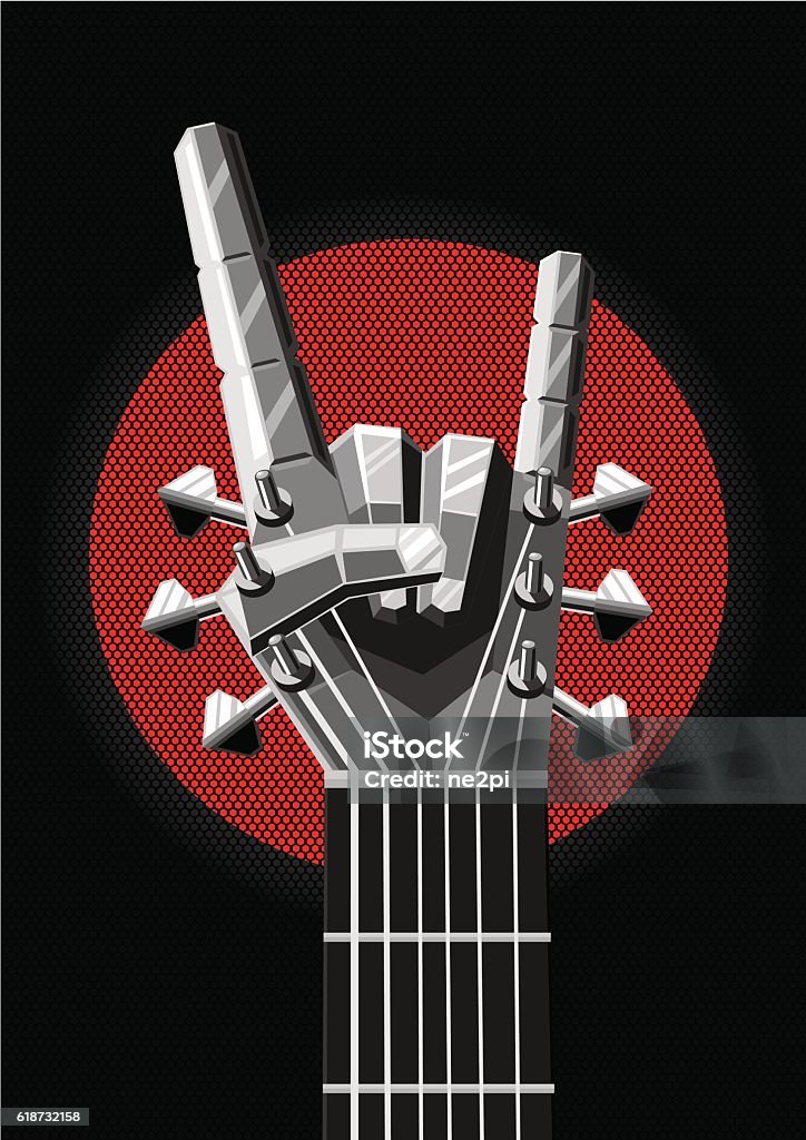 Rock poster with a metal hand and guitar. Music illustration Heavy metal illustration with guitar and hand. Rock and roll sign Rock Music stock vector