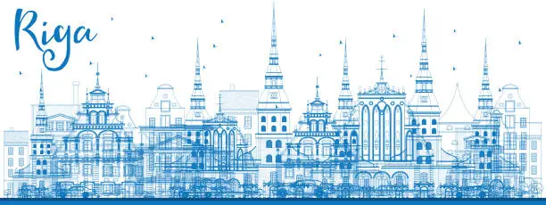 Vector illustration of Outline Riga Skyline with Blue Landmarks.