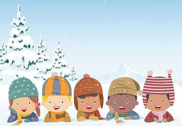 Vector illustration of Cheerful kids lying on the snow