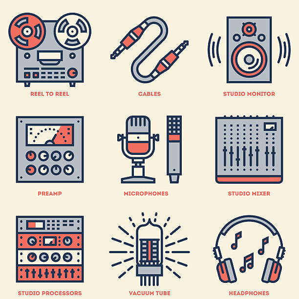 analogaufnahme musikstudio. linie design retro icon set. - faders stock-grafiken, -clipart, -cartoons und -symbole