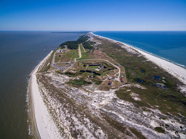 Aerial/Drone photo Civil War Fortress, Fort Morgan.  Gulf Shores, Alabama Gulf Shores is famous for its white sand beaches and great weather mobile bay stock pictures, royalty-free photos & images