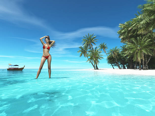 istock Beautiful woman on tropical beach 618737640