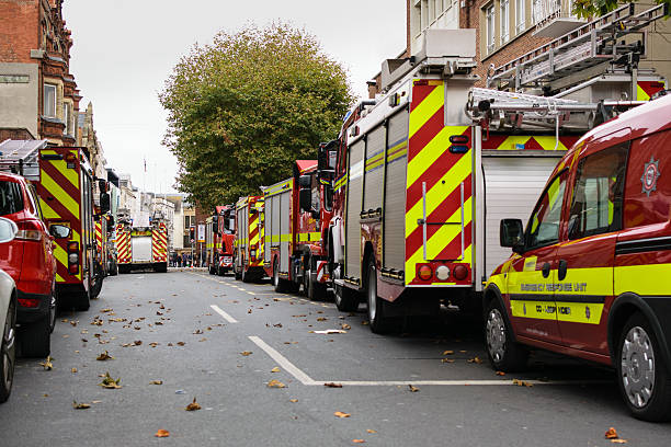 Firetrucks parked along Exeter High street stock photo