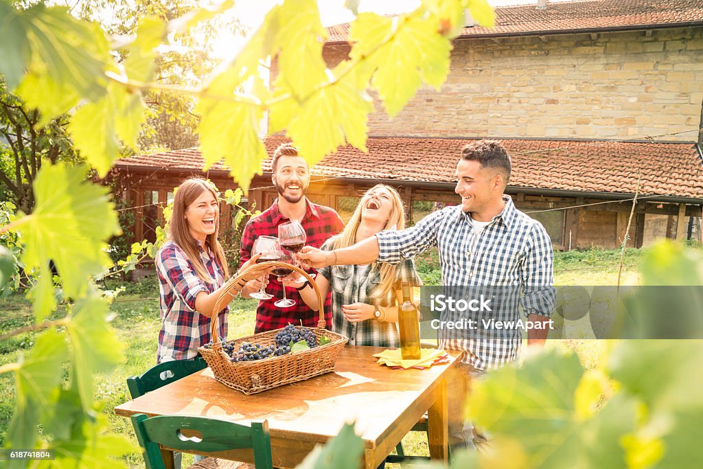 Happy friends having fun drinking wine at winery vineyard Happy friends having fun drinking wine at winery vineyard - Friendship concept with young people enjoying harvest time together at farmhouse - Warm filter with enhance sun flare halo - Leaves in frame Autumn Stock Photo