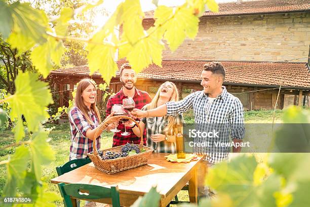 Happy Friends Having Fun Drinking Wine At Winery Vineyard Stock Photo - Download Image Now