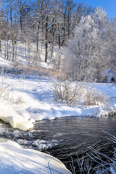 istock Winter sunny landscape with river and forest 618741846
