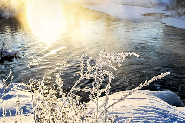 winterliche landschaft mit fluss und wald - winter stream river snowing stock-fotos und bilder