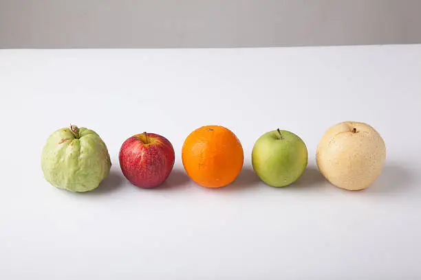 Five fruit , guava orange, redapple, green apple  chinese pear, on white background