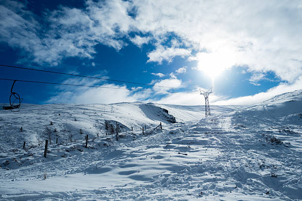 Ski Lift in the Scottish Highlands Winter season Ski lift in the Cairngorm Highlands, Scotland.  cairngorm mountains stock pictures, royalty-free photos & images