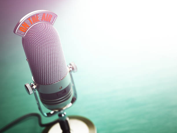 Retro old microphone with text on the air. Radio show