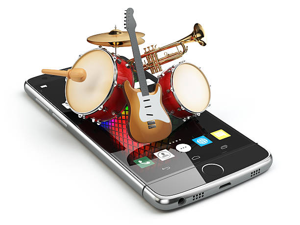 istock Mobile phone and musical instruments. Guitar, drums and trumpet. 618743720