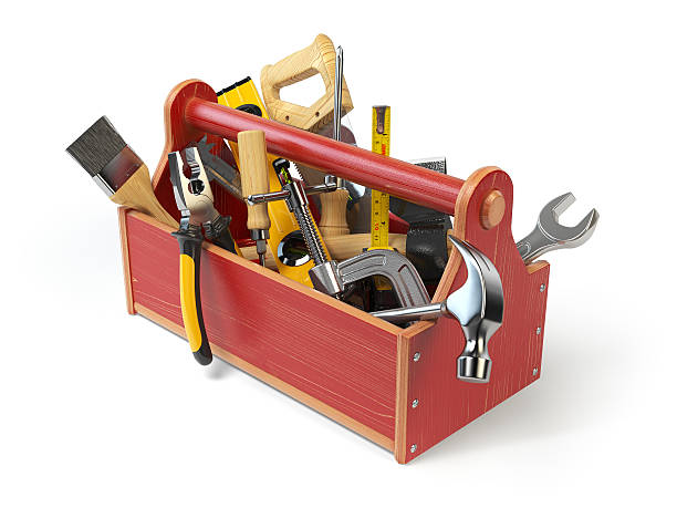 istock Wooden toolbox with tools isolated on white. Skrewdriver, hammer 618743860