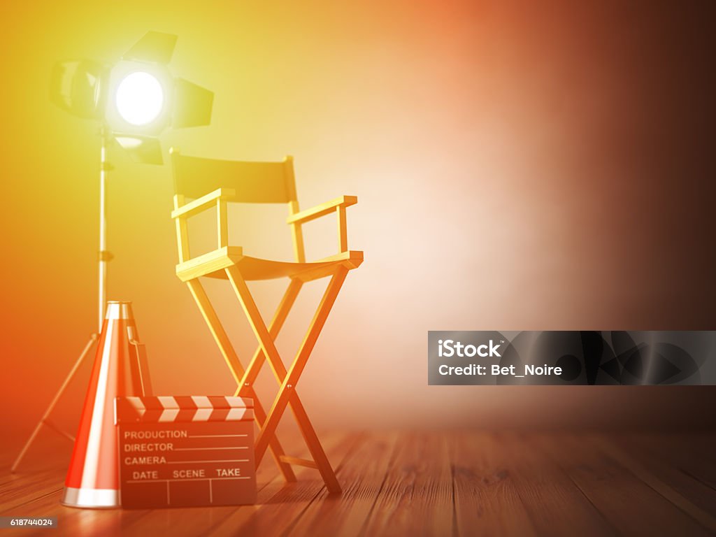 Video, movie, cinema concept.  ?lapperboard and director chair. Video, movie, cinema concept.  ?lapperboard and director chair. Film industry 3d illustration Backstage Stock Photo