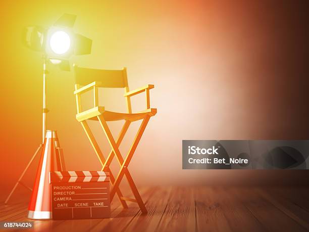 Video Movie Cinema Concept Lapperboard And Director Chair Stock Photo - Download Image Now