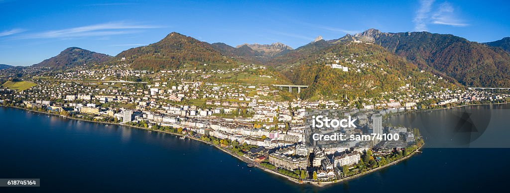 Panoramic Aerial view of Montreux waterfront, Switzerland Arranging Stock Photo