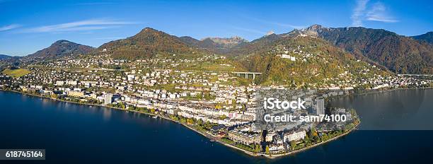 Panoramic Aerial View Of Montreux Waterfront Switzerland Stock Photo - Download Image Now