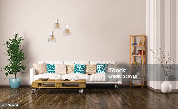 Interior Of Living Room With Sofa 3d Render Stock Photo - Download Image Now - Pallet - Industrial Equipment, Furniture, Wheel