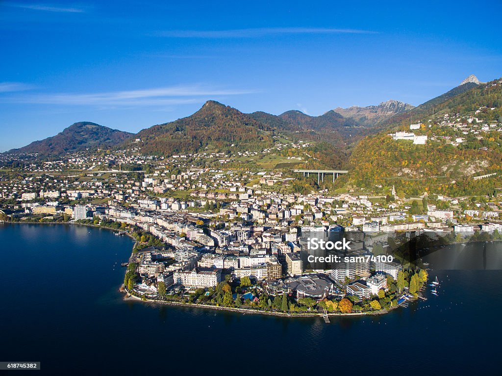 Aerial view of Montreux waterfront, Switzerland Arranging Stock Photo