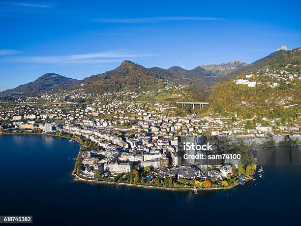 Aerial View Of Montreux Waterfront Switzerland Stock Photo - Download Image Now - Arranging, Bird, Cityscape