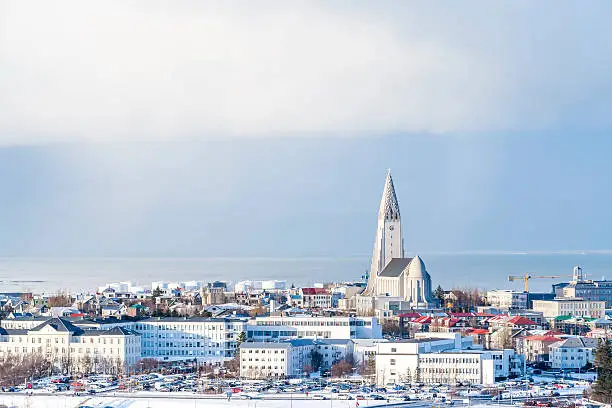 Aerial view of Reykjavik with the Hallgrimskirkja church, Iceland in winter.