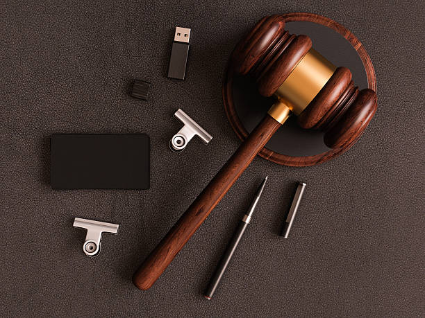 istock Judge's gavel, business card on leather substrate. 3D illustration 618746752
