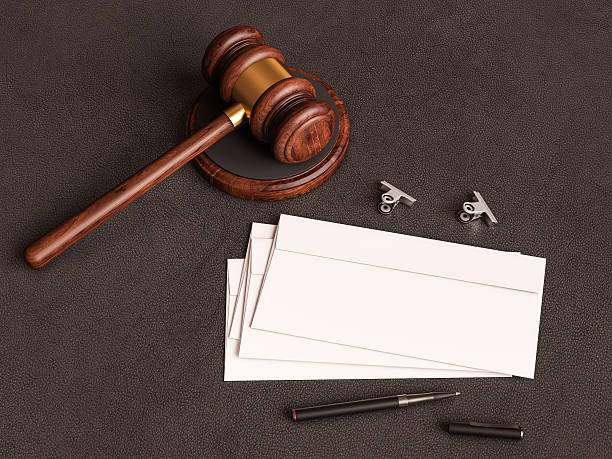 istock Judge's gavel on leather substrate. 3D illustration 618747318